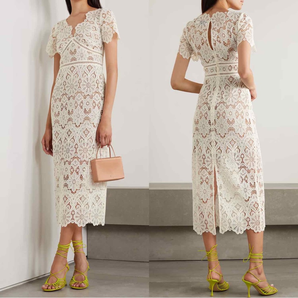 Self-Portrait Ivory Floral Guipure V-Neck Midi Dress, Size US 4 (UK 8), NWT